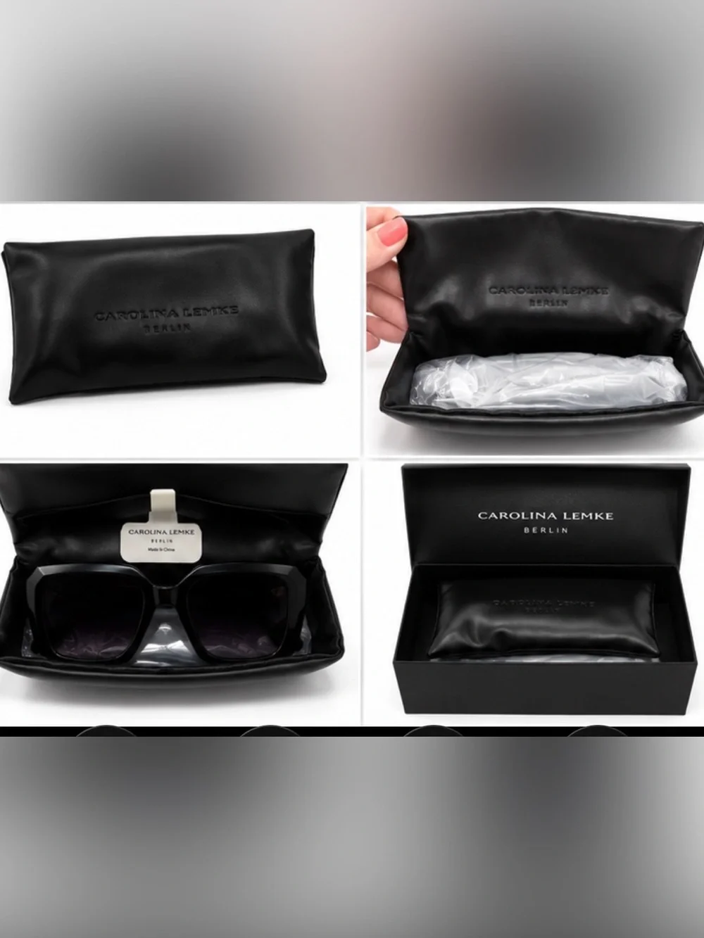 Carolina Lemke Berlin Coco black Oversized Square Sunglasses faux leather case